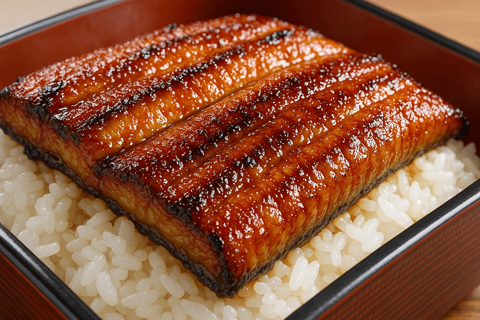 艶やかに焼き上げられたうなぎの蒲焼が、ごはんの上にたっぷりと乗ったうな重のクローズアップ写真。タレがしっかり染みている様子が印象的。