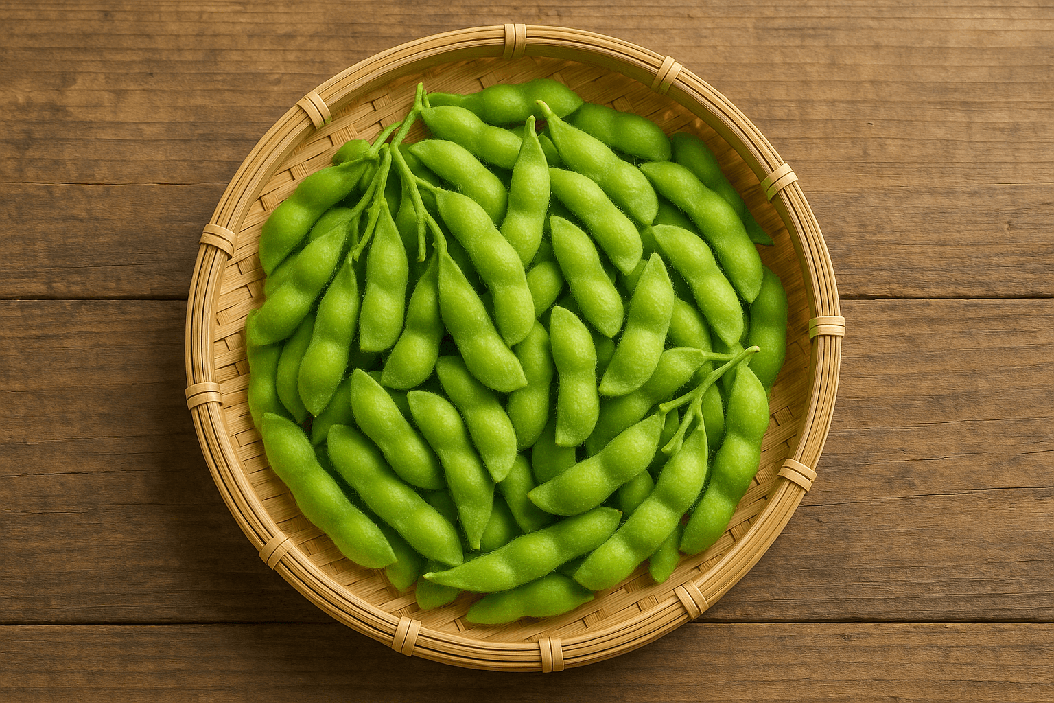 産地直送の枝豆をざるに盛り付けた収穫直後の新鮮なイメージ（茹でる前）