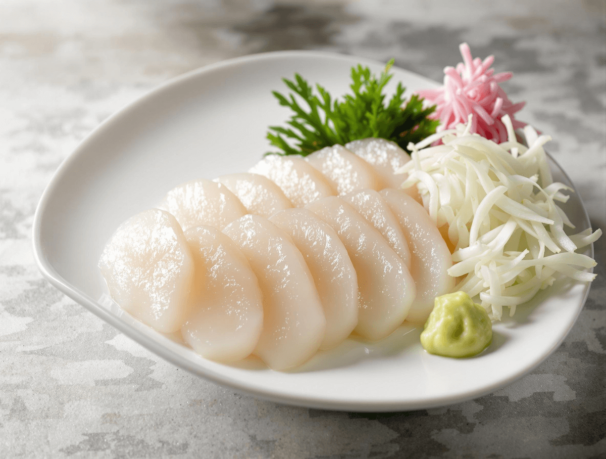 白い皿に美しく並べられたホタテの刺身。横には大根のつまやワサビ、彩り野菜が添えられ、上品な盛り付けが際立つ。