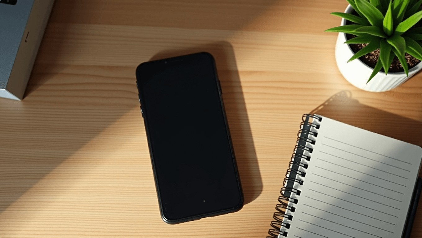 明るい木目のデスクに斜めに置かれた黒いスマートフォン。周囲にリングノートと観葉植物が配置され、自然光が差し込んでいる。