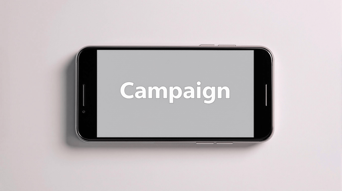 スマートフォンを横向きに置き、画面中央に「Campaign」と表示されたイメージ