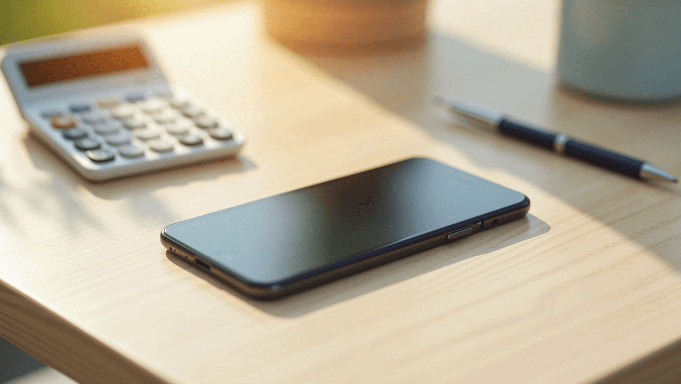 電卓とペンと一緒に木製デスクに置かれたスマートフォンの家計・計算シーンイメージ