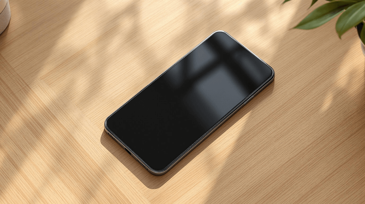 自然光が差し込む木製デスクの上に斜めに置かれた黒い画面のシンプルなスマートフォンのイメージ