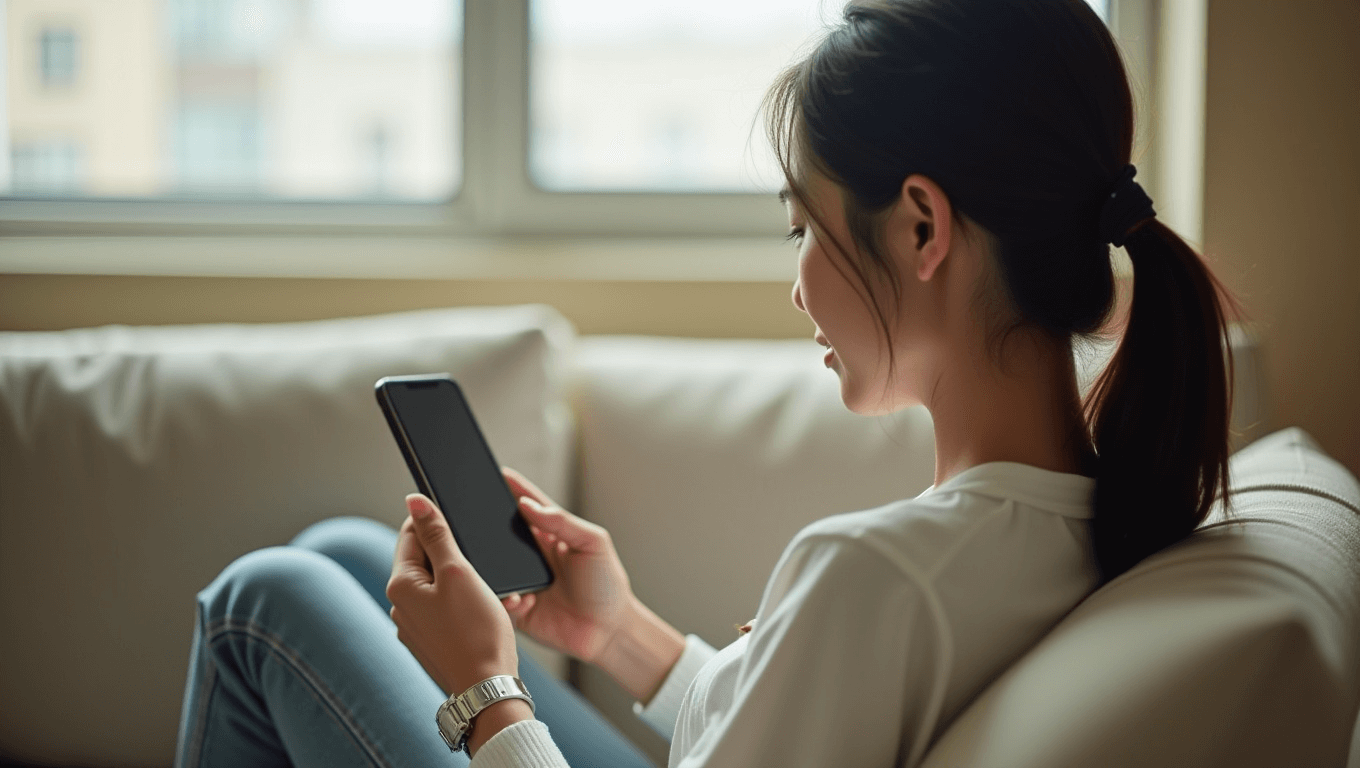 ソファでリラックスしながらスマートフォンを操作する女性の横顔イメージ