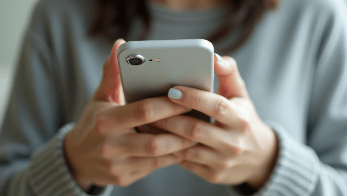 女性がグレーのスマートフォンを両手で持ち操作しているクローズアップイメージ