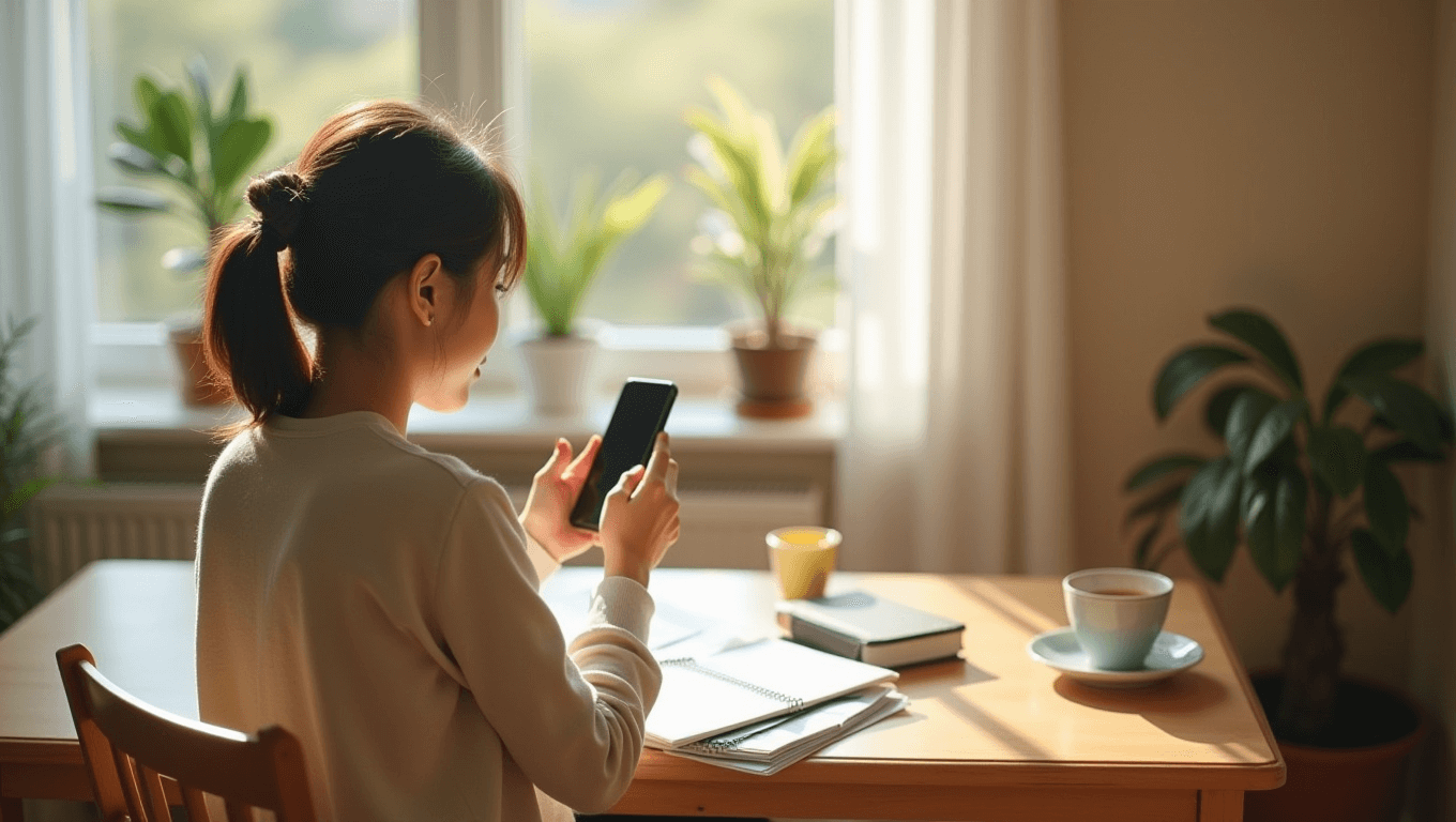 自宅のテーブルでスマートフォンを操作する20代後半の女性のイメージ写真(勉強・調べ物のシーン)