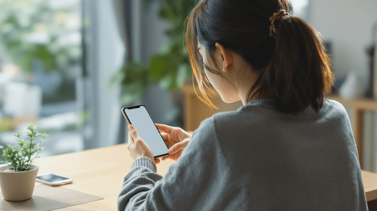 自宅でスマートフォンを操作する20代の若い女性の後ろ姿のイメージ写真