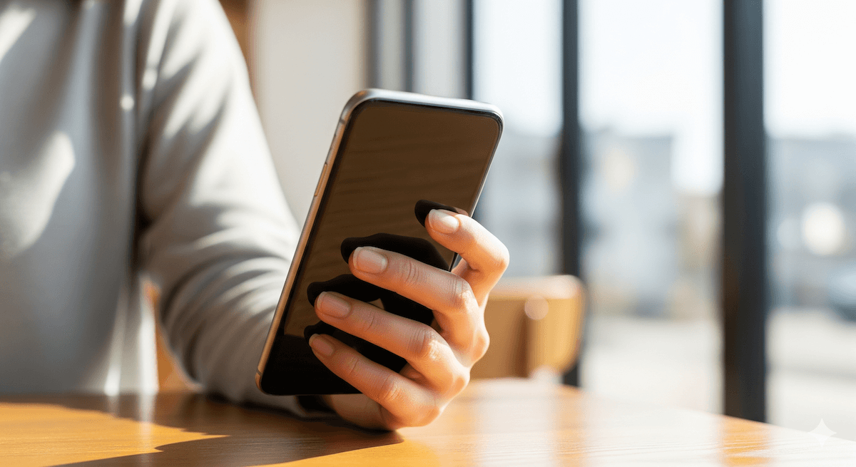 カフェのテーブル席で片手にスマートフォンを持ち画面を見ている様子
