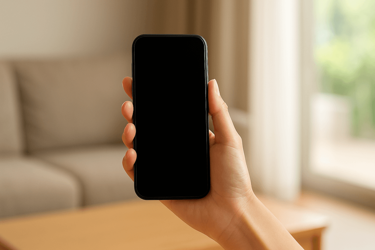 片手でスマートフォンを正面に掲げた室内シーン
