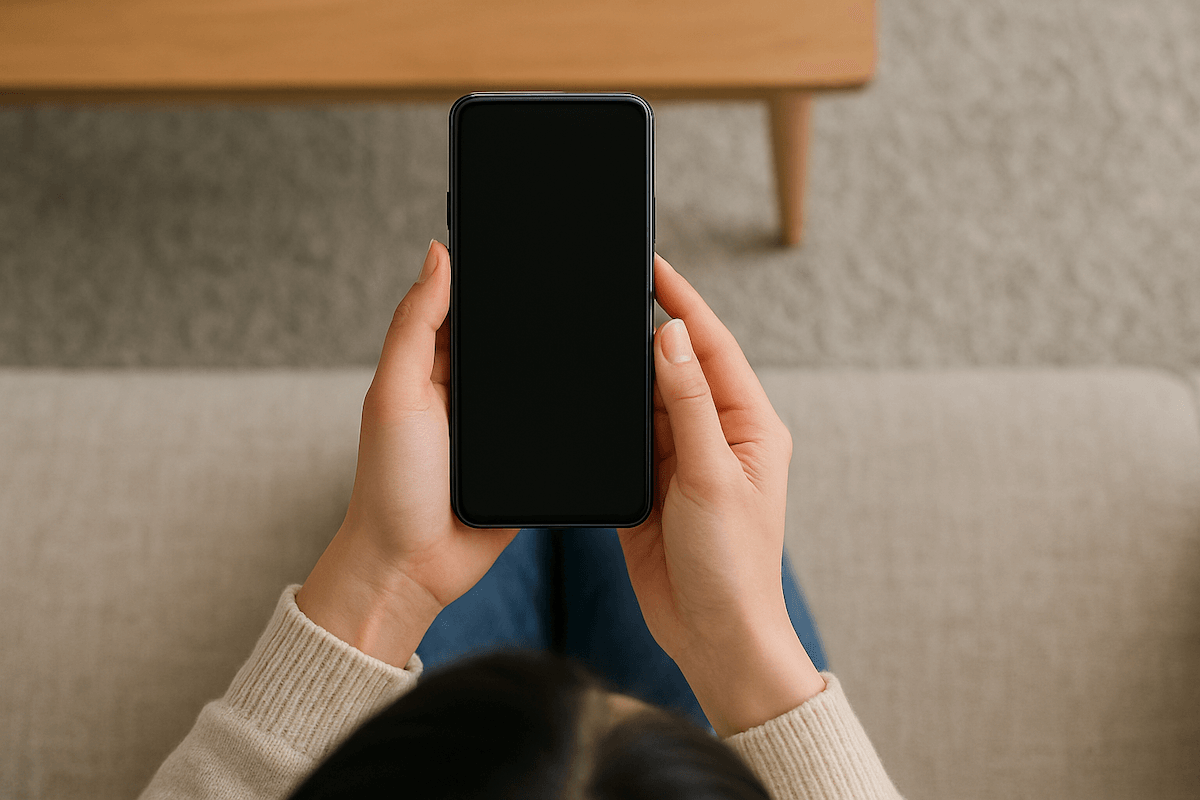 両手でスマートフォンを持ち、真上から見た構図