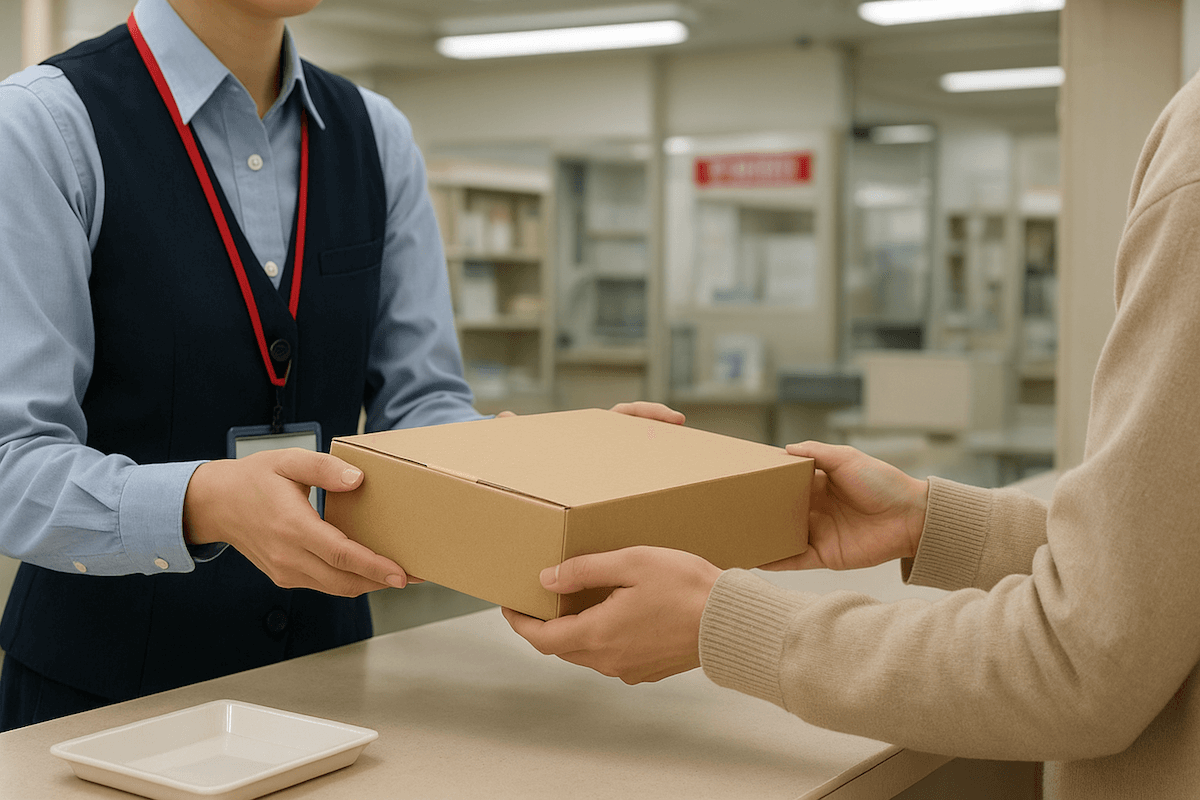 郵便局や窓口でスタッフに段ボール箱を手渡している様子