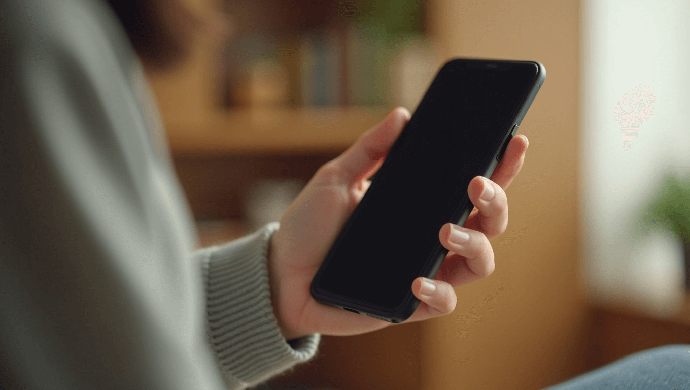 室内で片手にスマートフォンを持つ手元の横からのクローズアップ