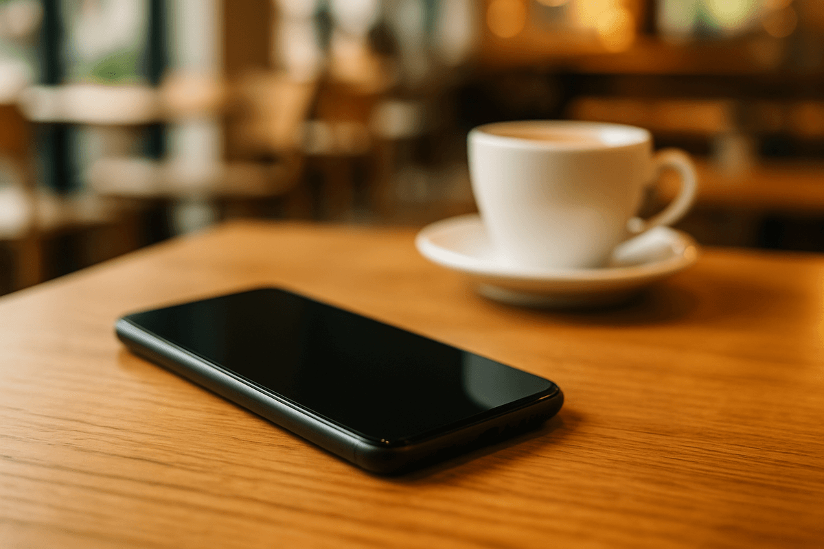 カフェの木製テーブルの上に置かれたスマートフォンと白いコーヒーカップ