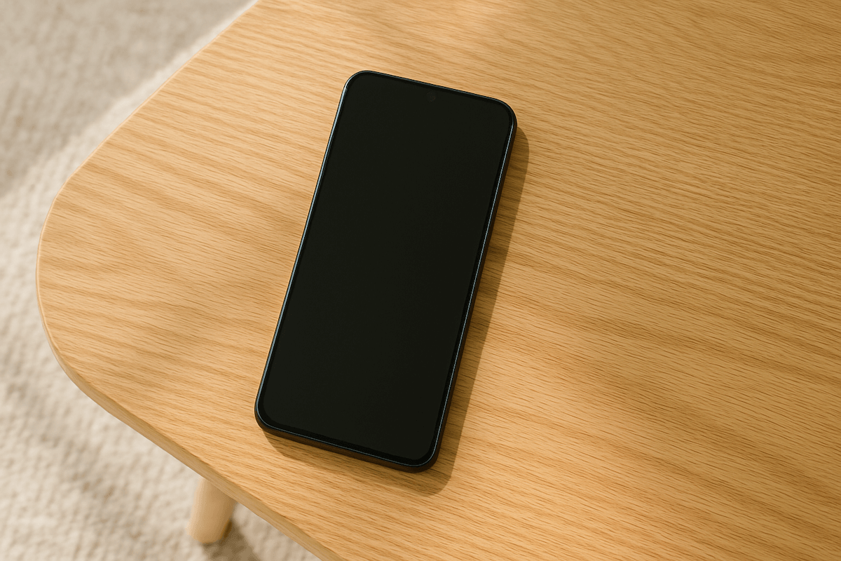 木目のテーブルの上に置かれた黒いスマートフォンを上から撮影した様子