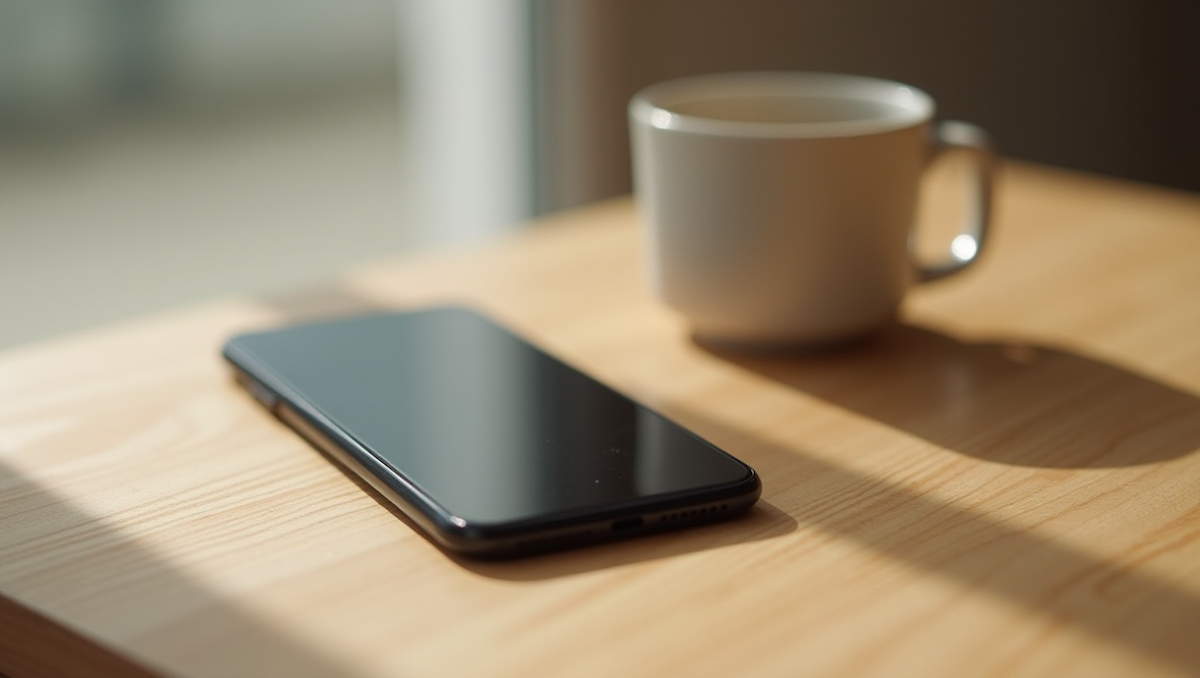 木製テーブルの上に置かれたスマートフォンと白いコーヒーカップ
