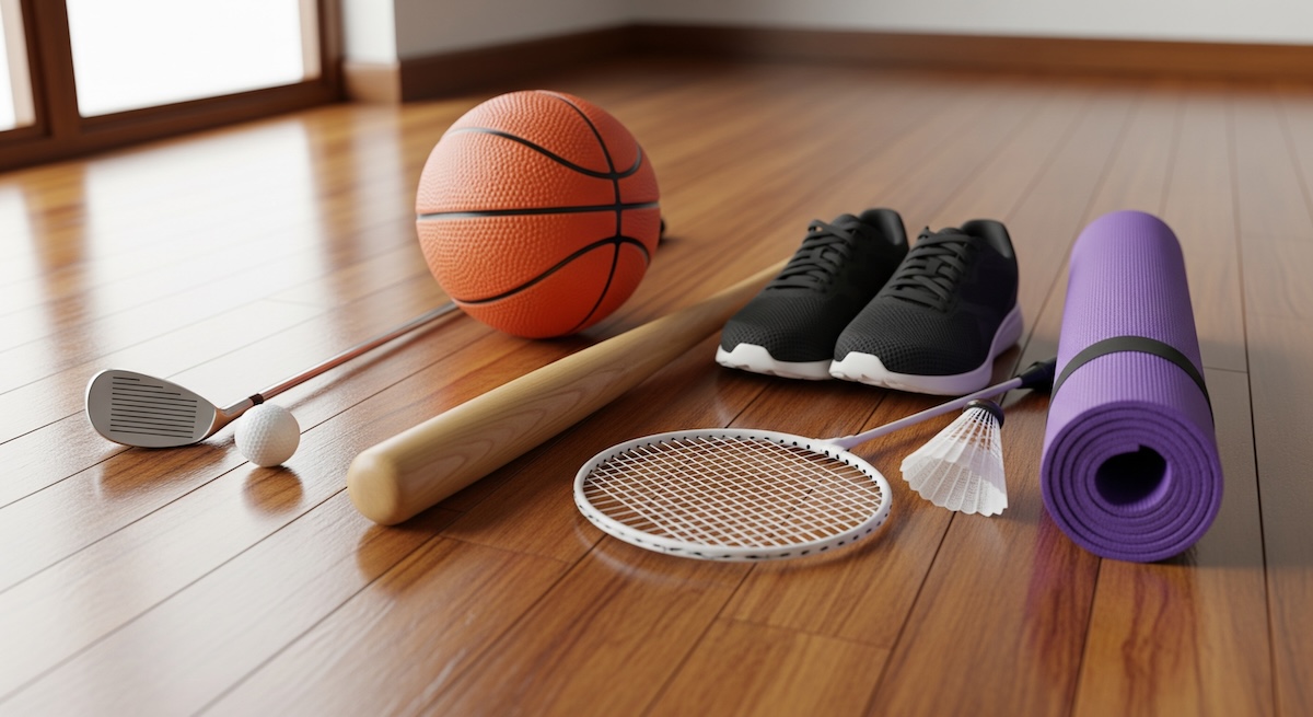 室内の床に並べられたバスケットボール、バット、ラケット、シューズ、ヨガマットなどのスポーツ用品