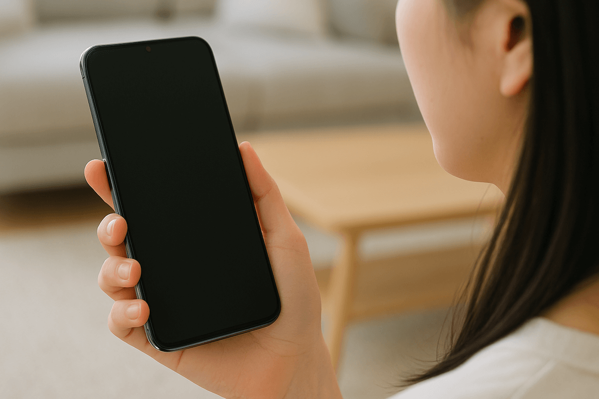 女性が片手にスマートフォンを持ち、画面を見ている後ろ姿のクローズアップ