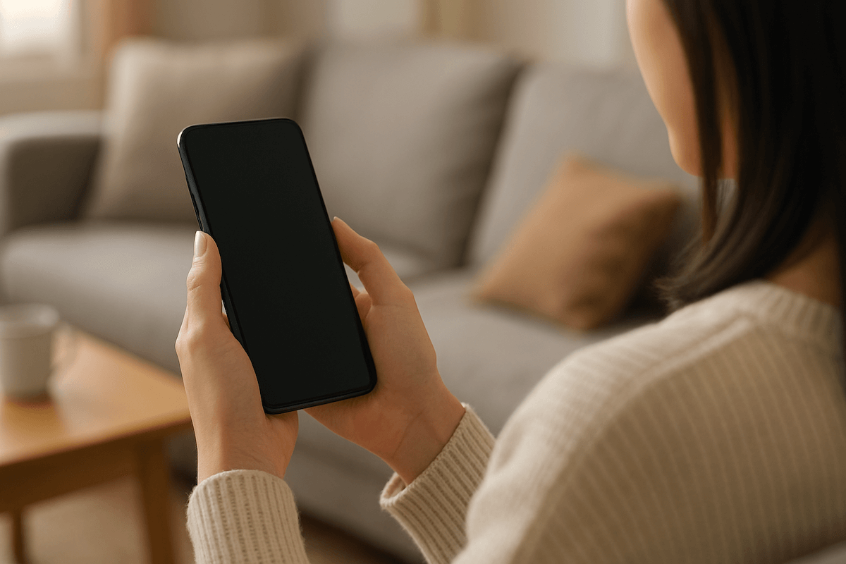 ソファに座る女性が両手でスマートフォンを持っている後ろ姿