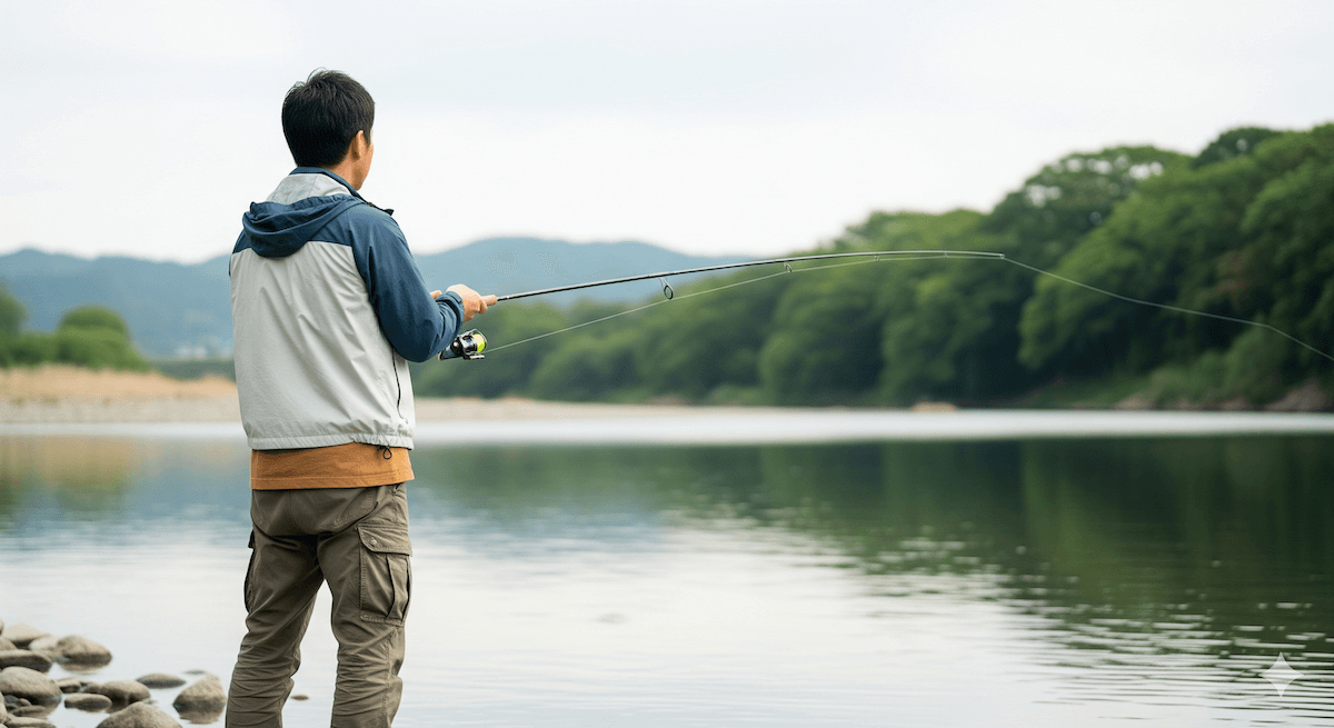 川のほとりで釣り竿を持ち釣りをしている男性の後ろ姿。背景に木々と水面