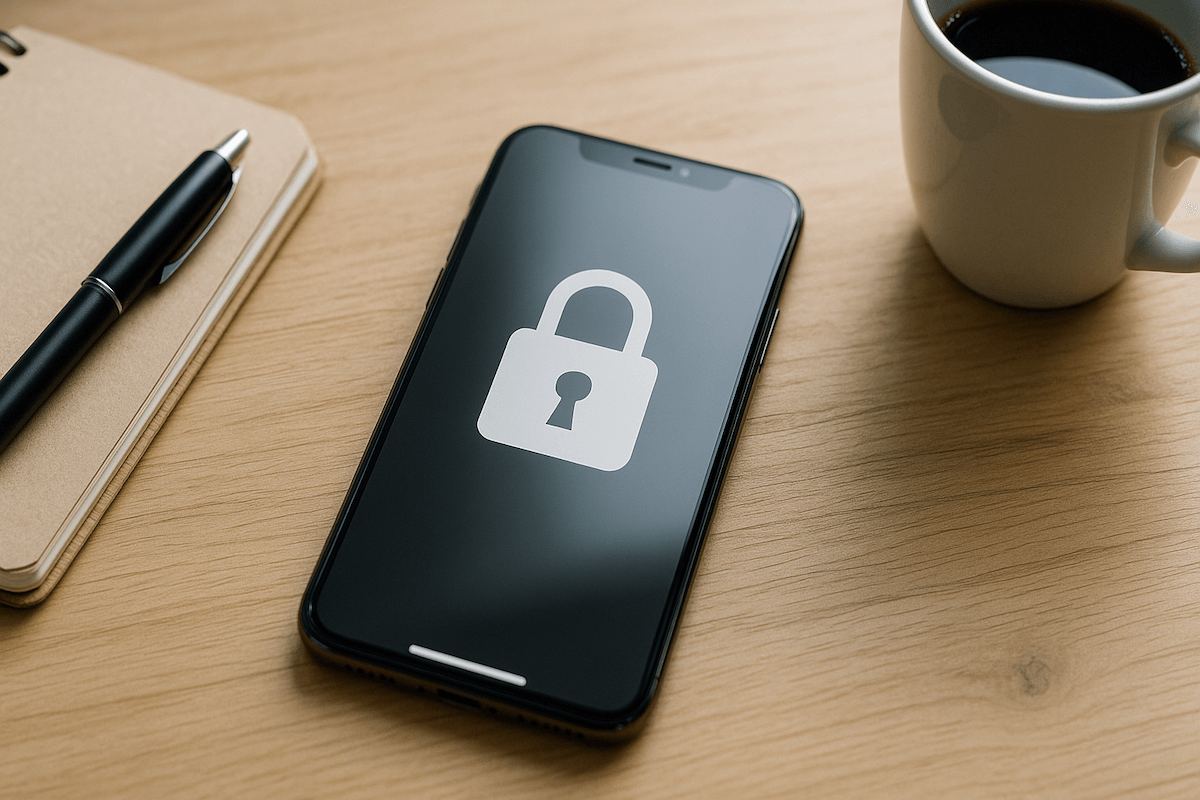 木製デスクの上に置かれたスマートフォンの画面にロックアイコンが表示され、横にはノートとペン、コーヒーカップがある