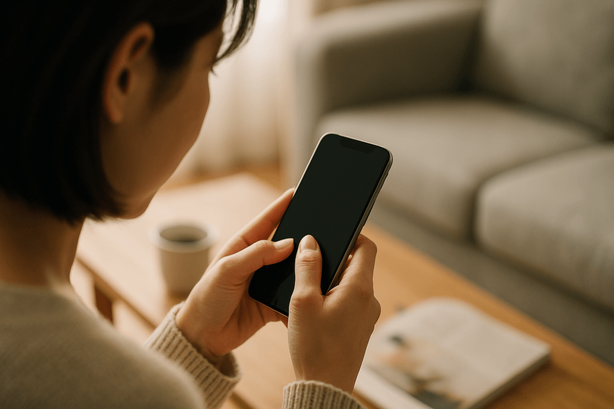 リビングのテーブルでスマートフォンを操作する女性の後ろ姿とコーヒー