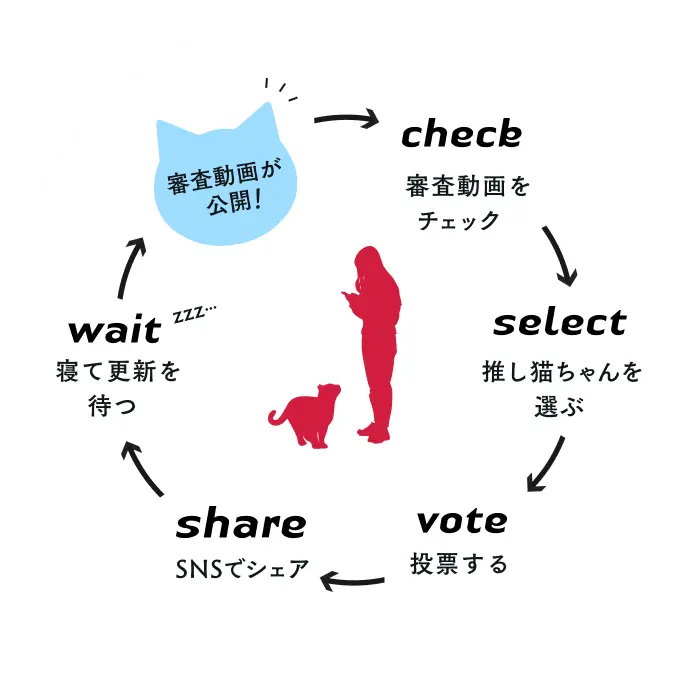checb 審査動画をチェック select 推しの猫ちゃんを選ぶ vote 投票する share SNSでシェア wait 寝て更新を待つ 動画が公開!